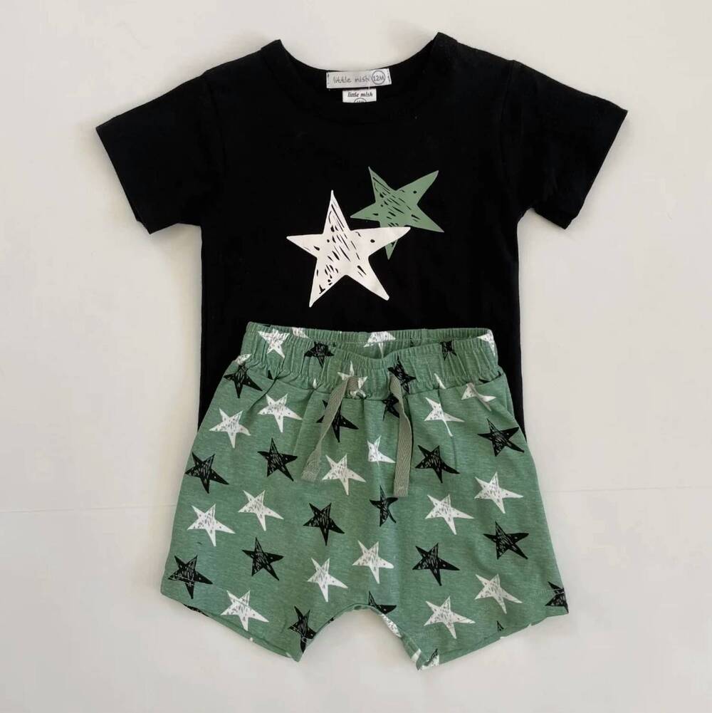NEW LITTLE MISH kids' scetched star short set in sage